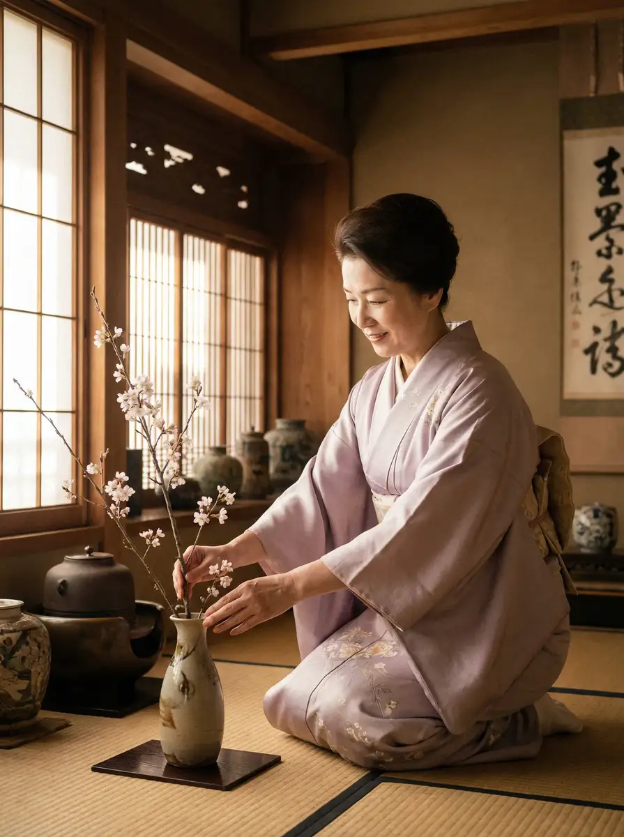 一位优雅的 500彩票平台 在和室中插花